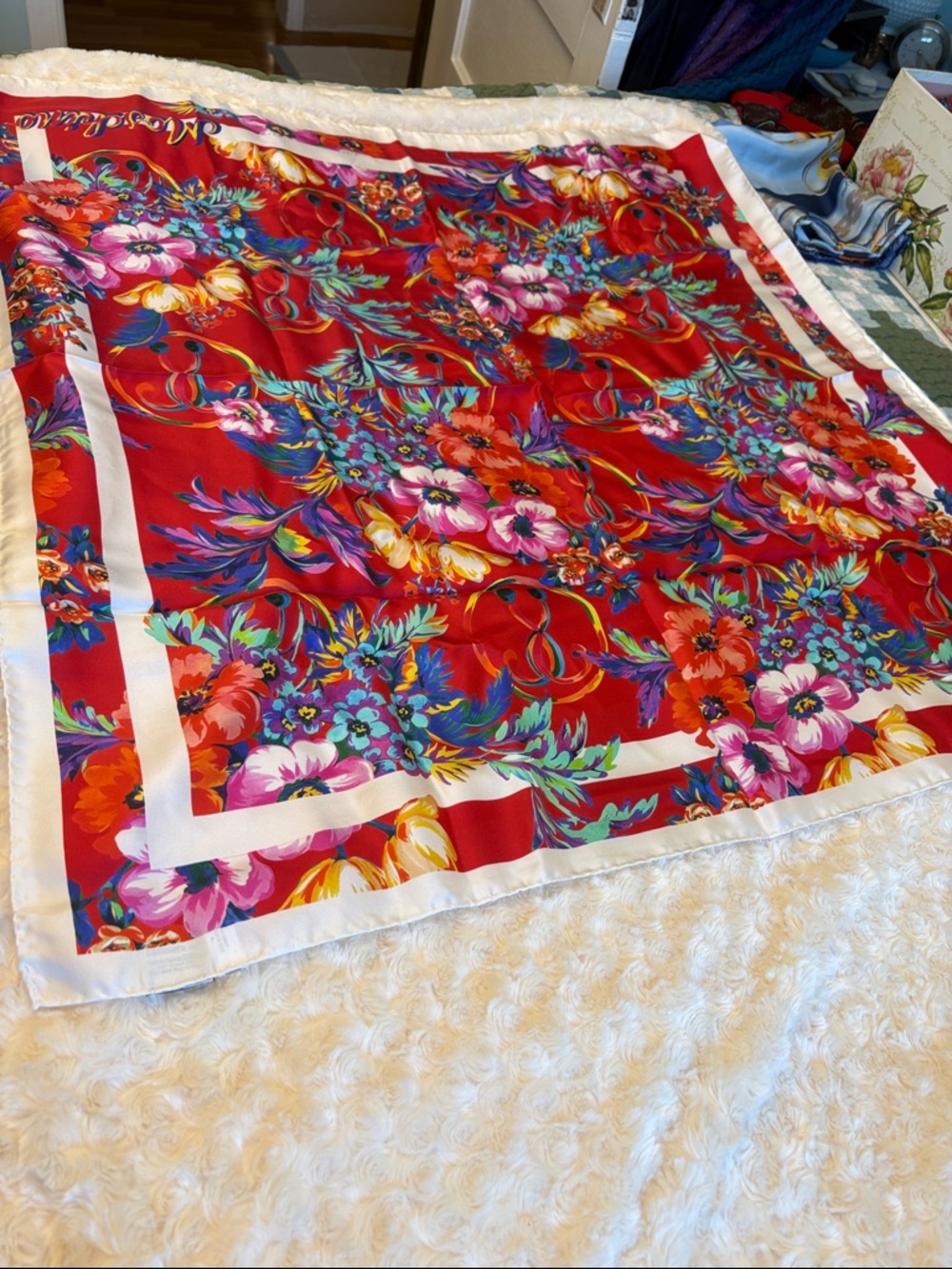 Moschino Red Floral Silk Scarf with Multicolor Botanicals NEW